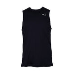 Black sleeveless shirt with a brand logo on a white background