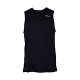 Black sleeveless shirt with a brand logo on a white background