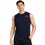 Man wearing a navy sleeveless shirt with a logo on a white background