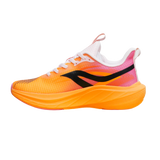 A single athletic running shoe shown in a side profile on a plain white background. The upper is primarily bright orange with a pink-to-white gradient near the heel, a black side logo, white laces, and a thick orange sole.