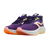 A pair of purple athletic sneakers with a thick white midsole and bright orange and pink outsoles, shown against a plain white background.