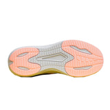 The outsole of a running shoe shown from a top-down view, featuring a dual-tone design with a peach-pink and light gray pattern and a small yellow accent at the edge.