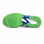 The outsole of a running shoe shown from a top-down view, featuring a bright green textured tread pattern with a blue and white structural midsole.