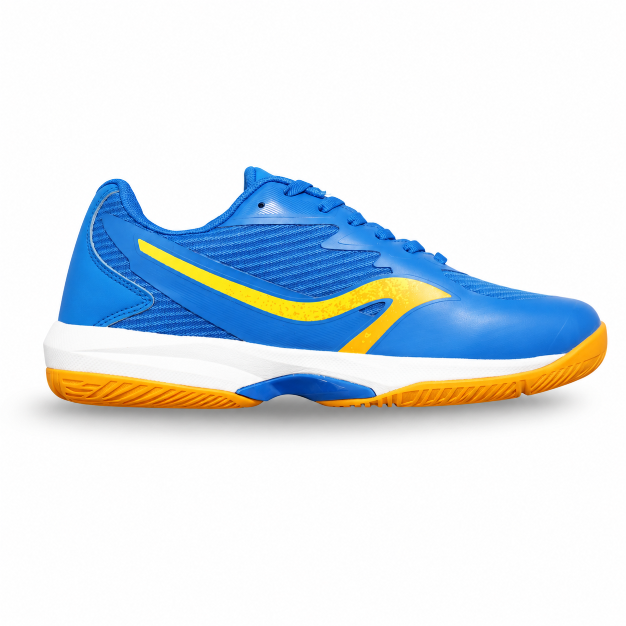 ALX 25231 men court blue sneaker with yellow side accent and orange rubber sole