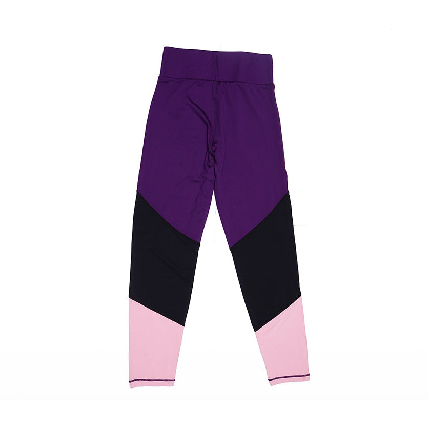 Purple, black, and pink pants on a white background