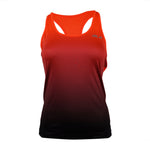 Women's sleeveless running top in orange with a darker shade at the bottom, featuring a round neckline and a brand logo on the chest.