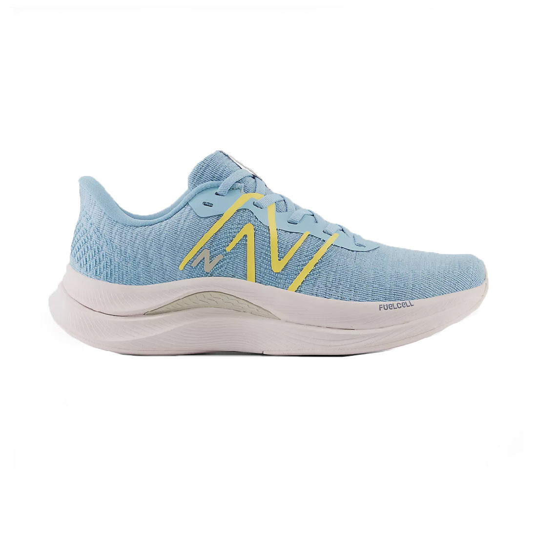 A pair of New Balance Fuel Cell Propel women's running shoes in blue color with yellow accents.