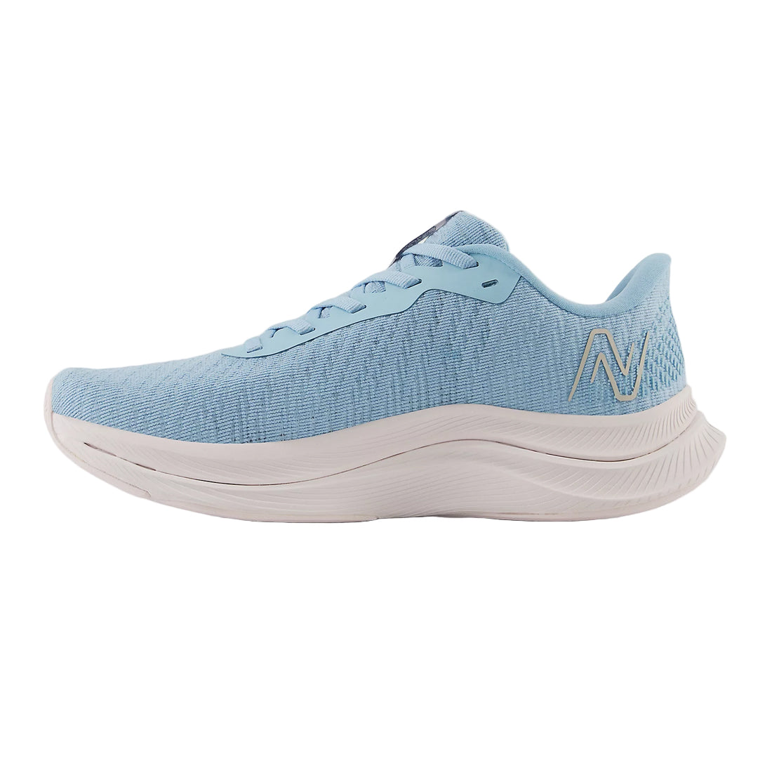 Light blue running shoe with a brand logo on a white background