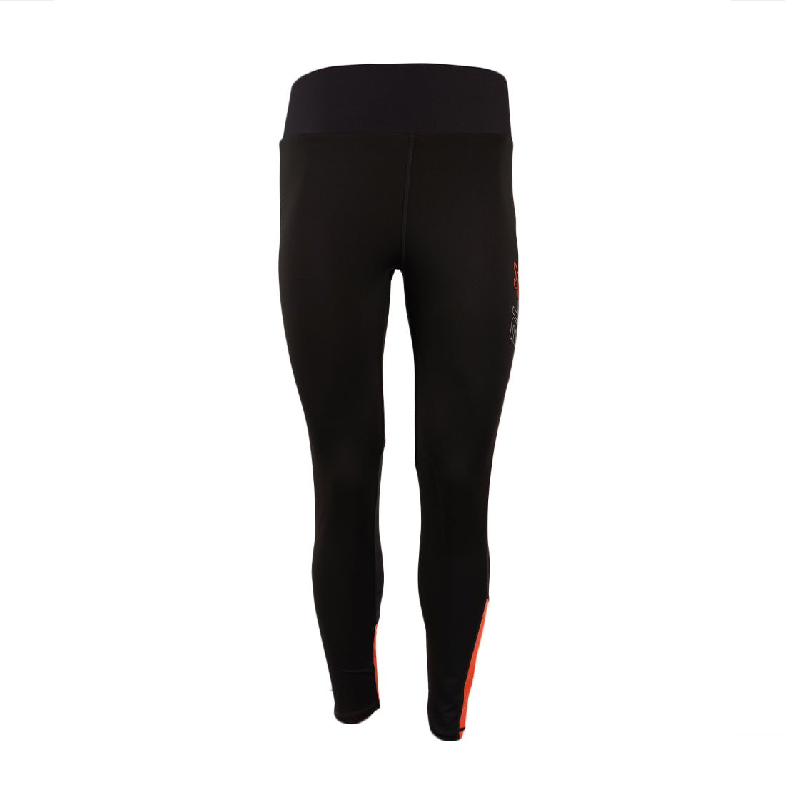 A pair of black ALX straight cut women's yoga pants with a high waist and orange accents on the side.
