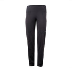 A pair of gray straight cut women's yoga pants with an elastic waistband and a visible brand logo on the left thigh.