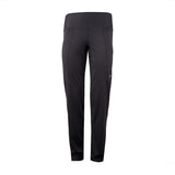 A pair of gray straight cut women's yoga pants with an elastic waistband and a visible brand logo on the left thigh.